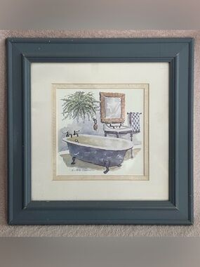 “Bathtub” by Winterle C. Olson Framed Watercolor Art Print Blue/White Bathroom